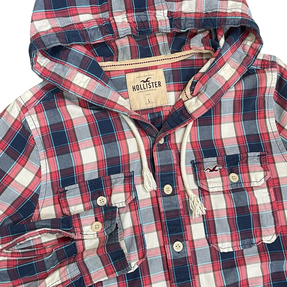 Hollister Shirt Jacket Men L Red Blue Plaid Hooded Button Down Shacket Y2K Surf